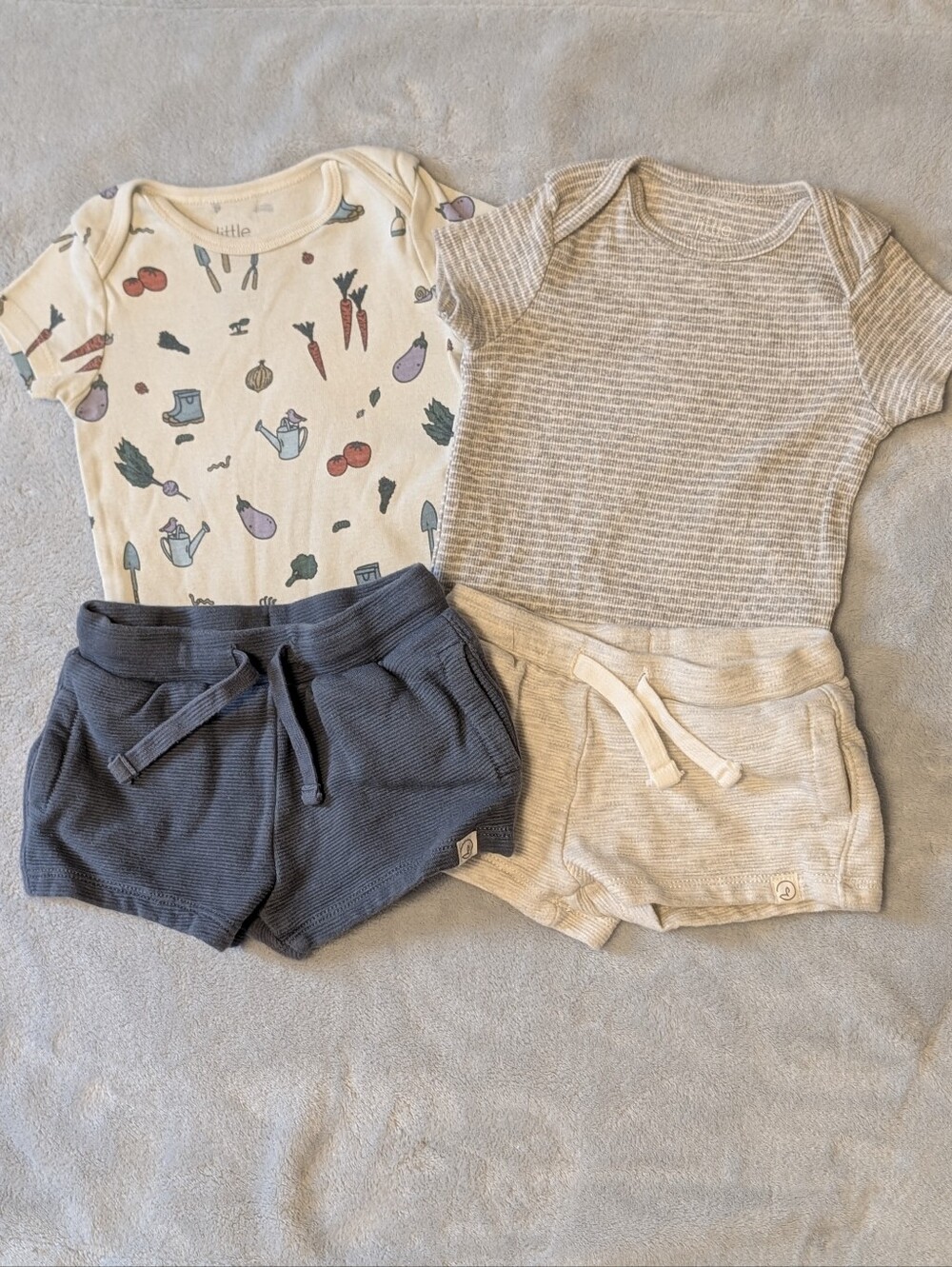 Little Planet Organic Bundle Onesies Shorts Set Cream Beige Navy Gardening